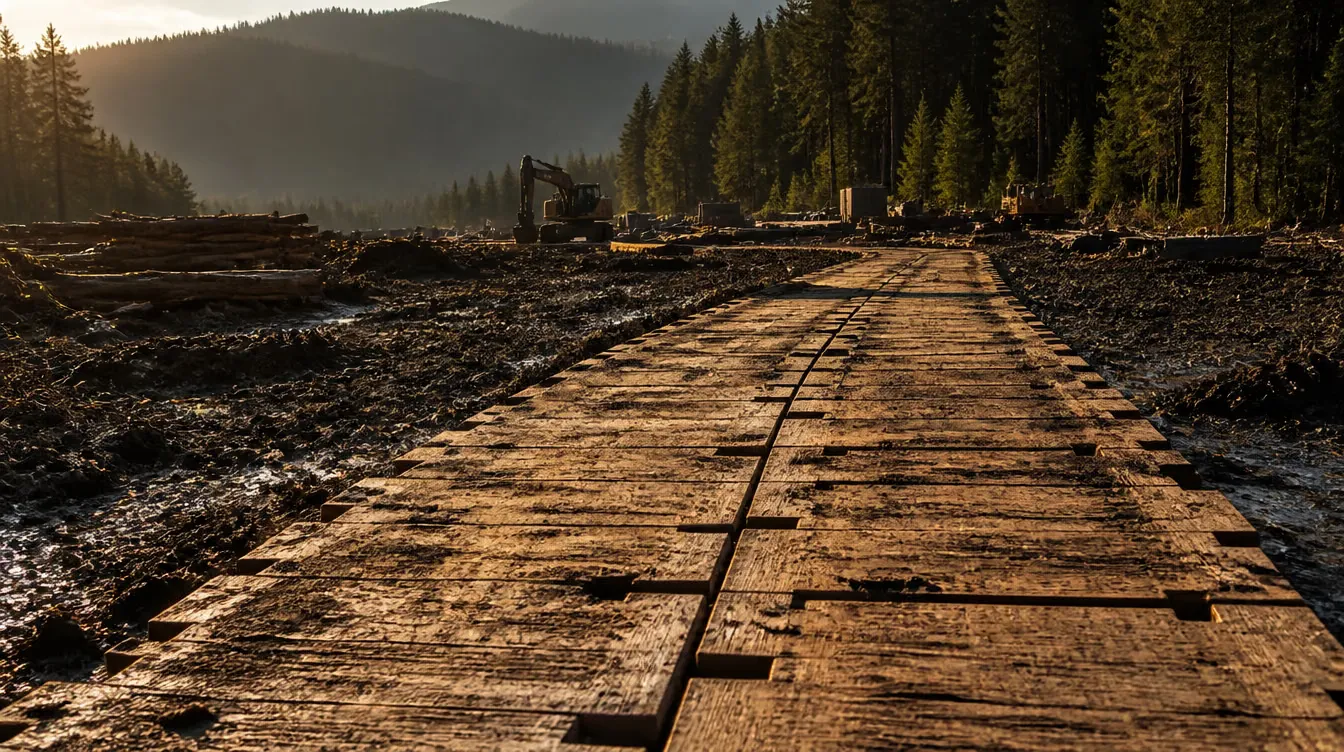 Timber access-mat roadway across a remote worksite leading to heavy equipment