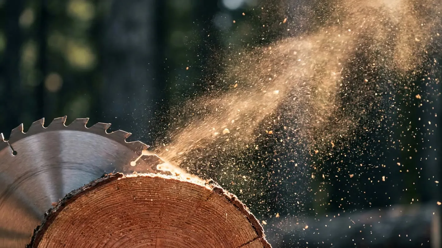 A circular saw blade cutting into a fresh-cut fir log at a Coldstream Lumber mill, golden sawdust spraying in warm light