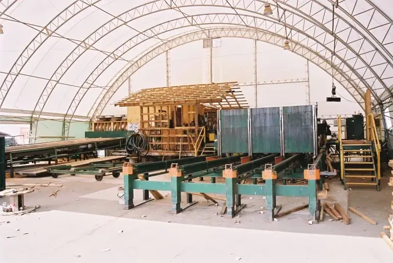 Long-length lumber inside the Coldstream Lumber mill
